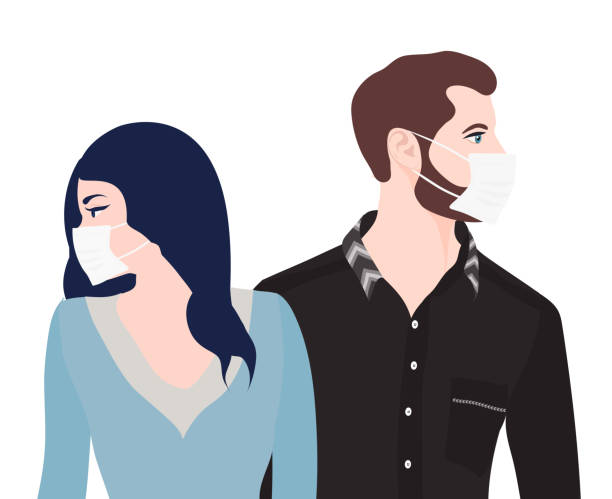 ilustraciones, imágenes clip art, dibujos animados e iconos de stock de pareja de mujer hombre caucásica con máscara médica. separación o divorcio entre parejas con problemas de convivencia debido al encierro debido a la epidemia de coronavirus covid-19 - sadness depression bride human head