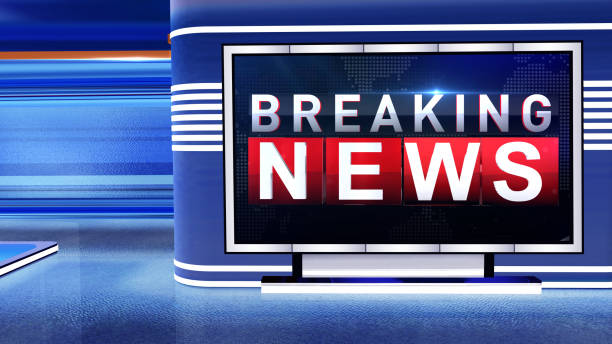 istock Breaking news 3D rendering Virtual set studio for chroma footage 1219964777