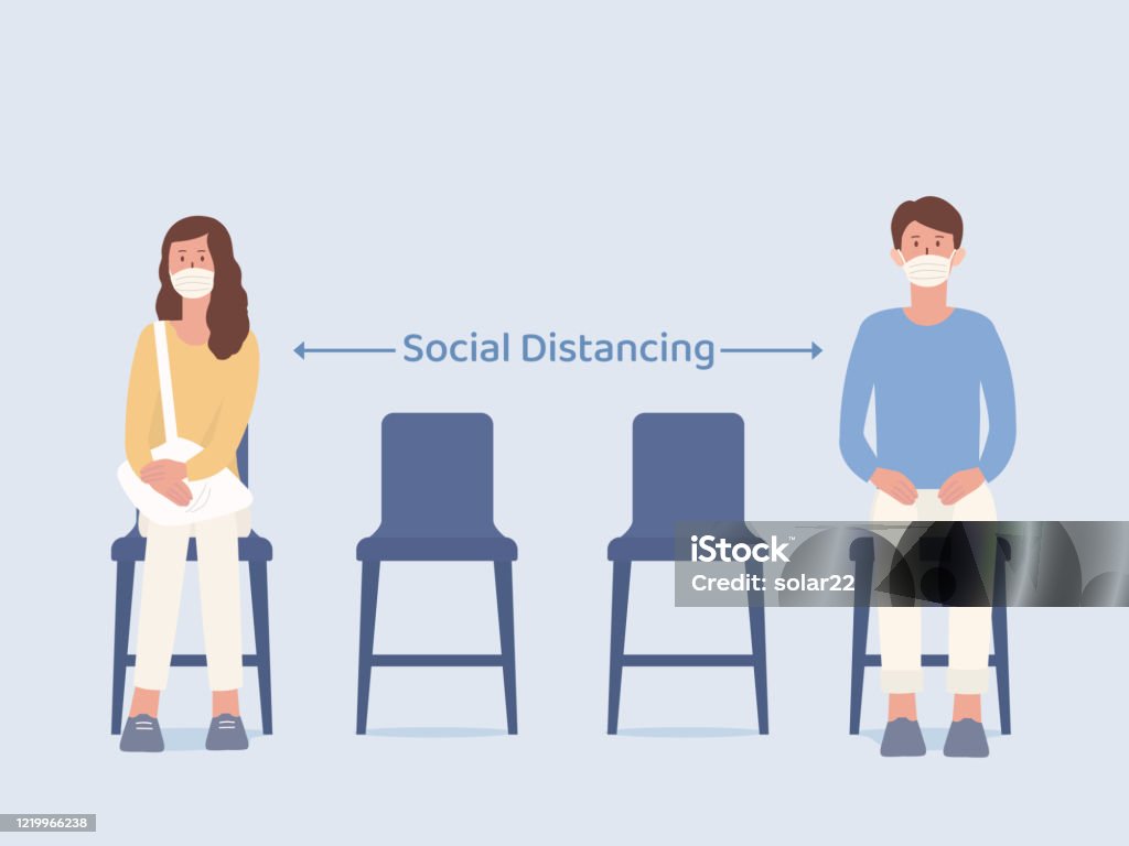 Mężczyzna i kobiety, którzy noszą maskę siedząc na krześle i zrobić puste miejsce do podjęcia społecznego dystansu, czekając na coś. Ilustracja na temat zapobiegania rozprzestrzenianiu się wirusa w miejscu publicznym. - Grafika wektorowa royalty-free (Siedzieć)