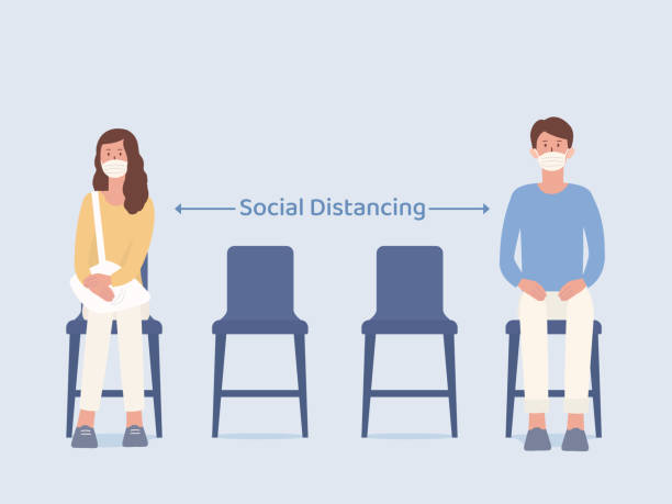 ilustrações de stock, clip art, desenhos animados e ícones de man and women who wearing a mask siting on a chair and make blank space for taking social distancing while waiting something. illustration about prevent virus spread in public place. - something