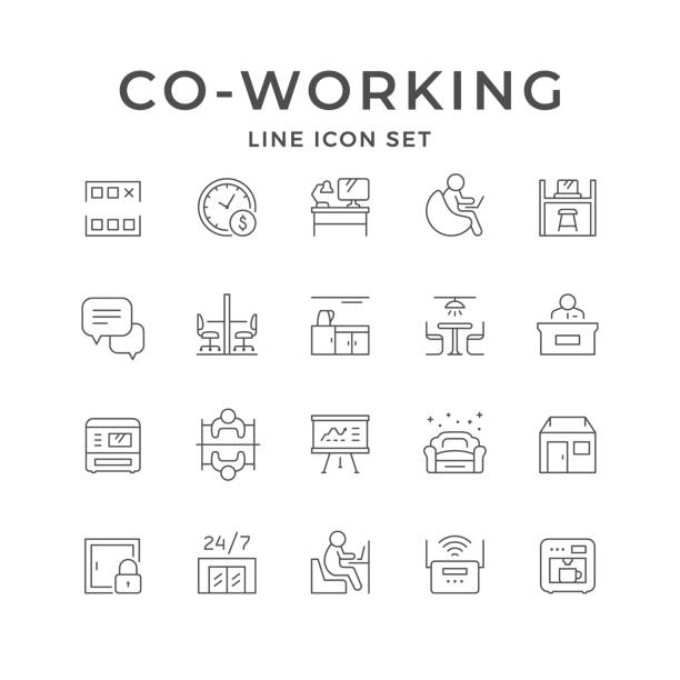 ustawianie ikon linii co-working - outline desk computer office stock illustrations