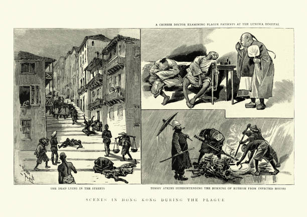 Dead lying in streets of Hong Kong, from bubonic plague Vintage engraving of scenes from the 1894 Hong Kong plague, part of the Third plague pandemic. history illustrations stock illustrations