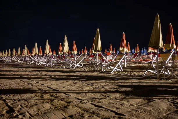 A deserted beach in Lido di Camaiore, a seaside resort liked by Italians. Tuscany, Italy