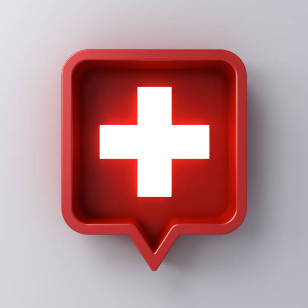 Medical cross or neon light plus sign in red rounded square speech bubble pin isolated on white wall background with shadow 3D rendering