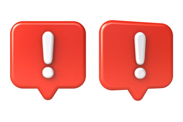 istock Exclamation mark in red speech bubble or social media notification pin icon isolated on white background 1219972474