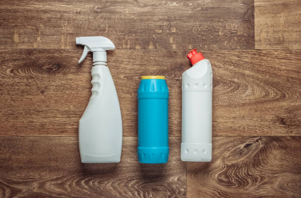 istock Detergent bottles on the floor. Top view 1219973692