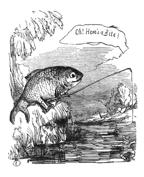 British satire comic cartoon caricatures illustrations - Large fish holding a fishing pole over a pond From Punch's Almanack punch puppet stock illustrations