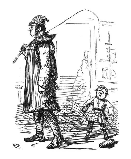 istock British satire comic cartoon caricatures illustrations - Small boy behind a large man with a whip 1219973952