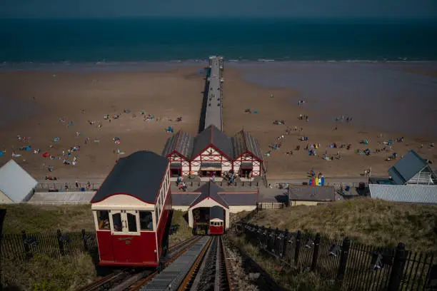 Saltburn by the Sea Cliff Trams overlooking the beautiful beach on a sunny day