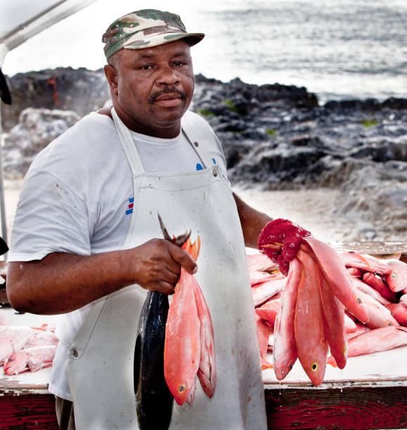 uomo che tiene il pesce al mercato del pesce, george town, isole cayman - fish catch of fish seafood red snapper foto e immagini stock