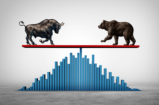 Investing balance as a business see saw and economic Stock market or bull and bear economy on a see saw concept with 3D illustration elements.