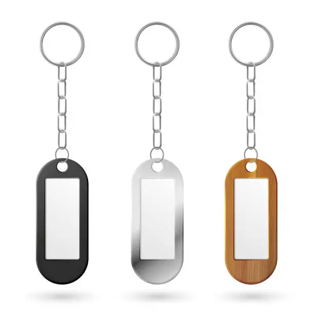 Vector illustration of Vector metal, plastic and wooden keychains