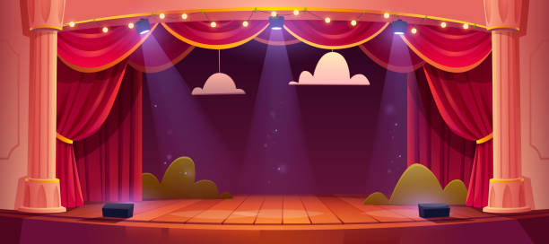Vector cartoon theater stage with red curtains Theater stage with red curtains and spotlights. Vector cartoon illustration of theatre interior with empty wooden scene, luxury velvet drapes and decoration with clouds and bushes theatrical performance illustrations stock illustrations
