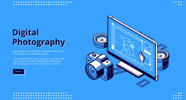 Digital photography isometric landing page banner Digital photography isometric landing page. Courses, classes and tutorials for photographers, school or workshop. Photo camera with lenses and film front of Pc desktop, 3d vector line art web banner workshop photos stock illustrations