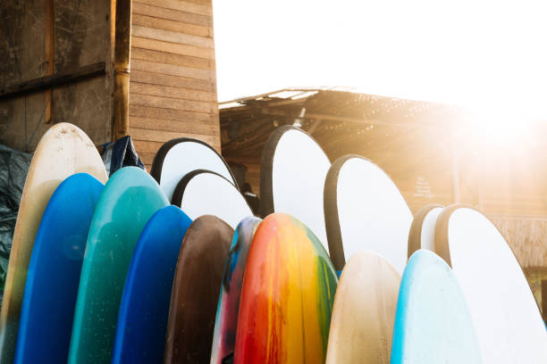 istock Set of different color surf boards in a stack by ocean.Bali.Indonesia. Surf boards on sandy beach for rent. Surf lessons on Weligama beach, Sri Lanka. 1219981510