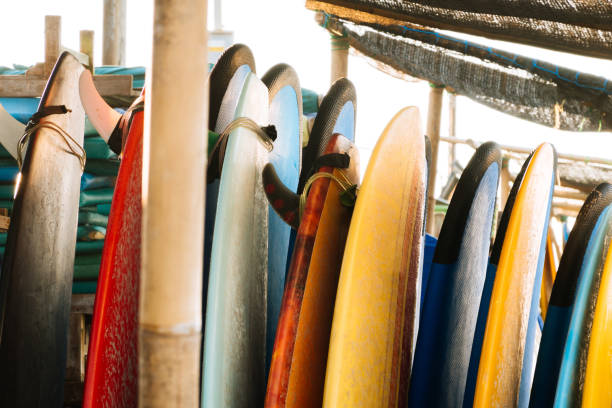 istock Set of different color surf boards in a stack by ocean.Bali.Indonesia. Surf boards on sandy beach for rent. Surf lessons on Weligama beach, Sri Lanka. 1219982274