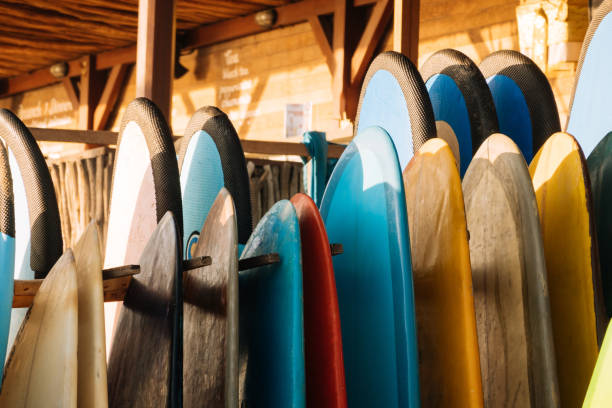 istock Set of different color surf boards in a stack by ocean.Bali.Indonesia. Surf boards on sandy beach for rent. Surf lessons on Weligama beach, Sri Lanka. 1219983612