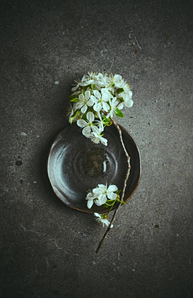 An arrangement of hand crafted ceramic and white spring blossom. still life. copy space