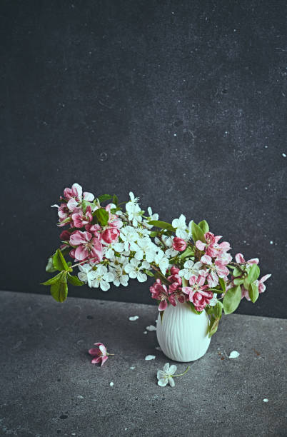 istock Blooming tree branches in a white vase. Still life. Copy space 1219985487