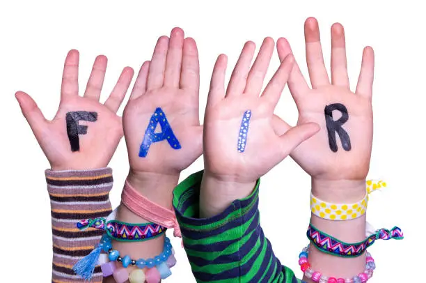 Children Hands Building Colorful Word Fair. White Isolated Background