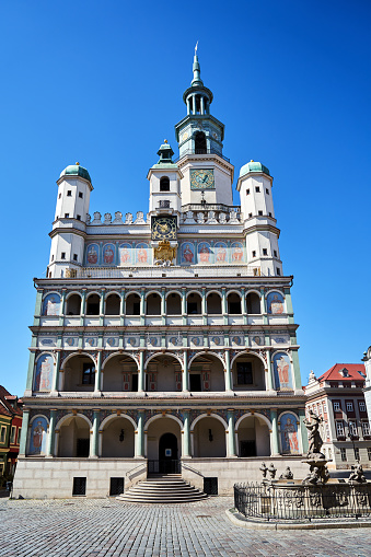 The facade of the historic Renaissance town hall in Poznan