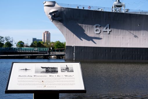 Norfolk, Virginia USA:  April 19th 2020:  USS Wisconsin (BB-9), an Illinois-class pre-dreadnought battleship, was the first ship of the United States Navy to be named for the 30th state. She was the third and final member of her class to be built.