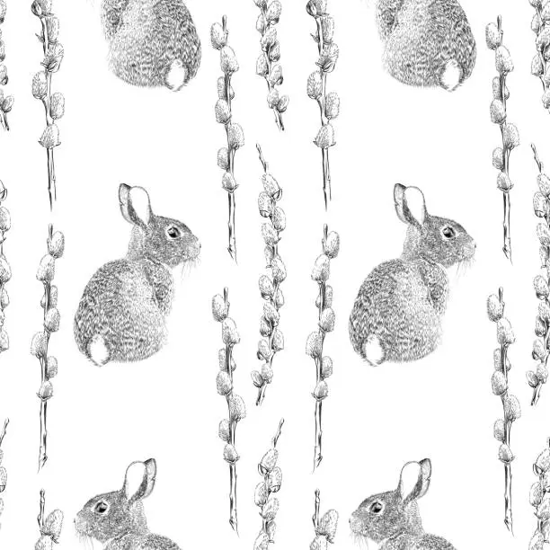 Vector illustration of Pussy Willow and Bunny Watercolor and Ink Vector Seamless Pattern