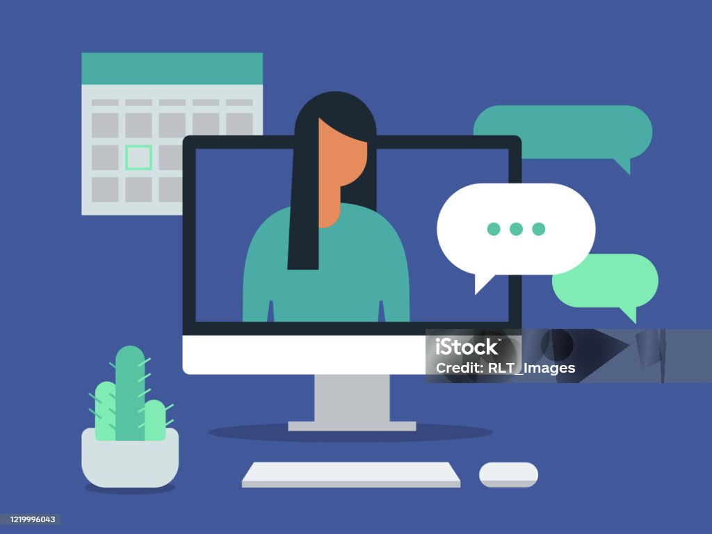 Illustration of workspace with young woman having discussion on desktop computer screen Modern flat vector illustration appropriate for a variety of uses including articles and blog posts. Vector artwork is easy to colorize, manipulate, and scales to any size. Computer stock vector