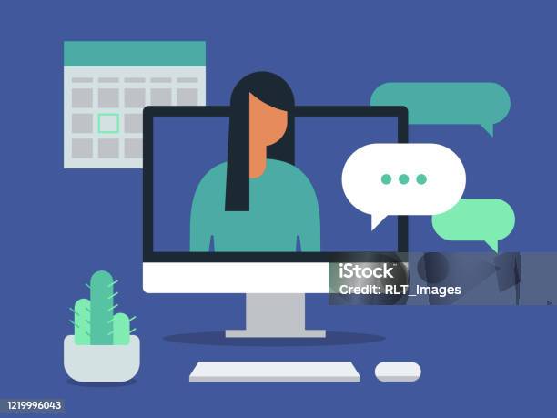Illustration Of Workspace With Young Woman Having Discussion On Desktop Computer Screen Stock Illustration - Download Image Now