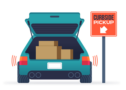 Delivering merchandise to the truck of a car or vehicle with curbside pickup service sign.