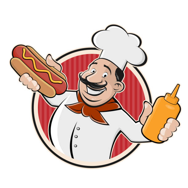 Cartoon Logo Of A Chef Serving A Hot Dog Stock Illustration - Download  Image Now - Drawing - Art Product, Holding, Hot Dog - iStock