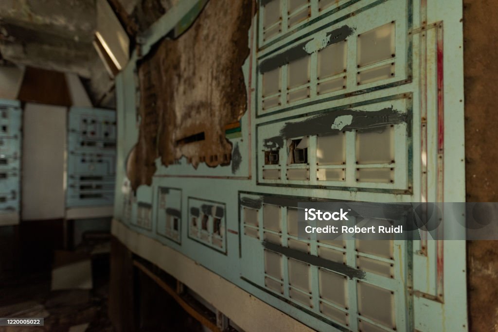Control room of the DUGA radar array site in Chernobyl Exclusion Zone of Alienation Abandoned Stock Photo