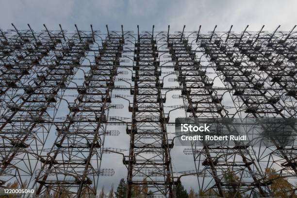 Looking Up At The Steel Cages Of The Duga Radar Array In Chernobyl Exclusion Zone Of Alienation Stock Photo - Download Image Now