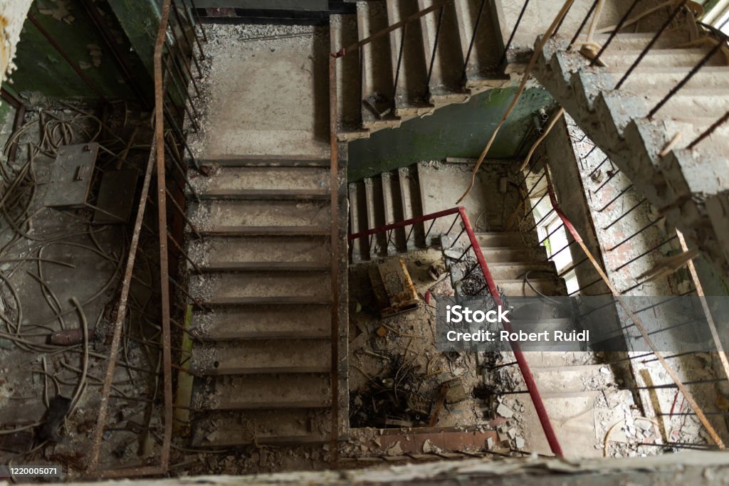 Staircase in abandoned military base in Chernobyl Exclusion Zone of Alienation Abandoned Stock Photo