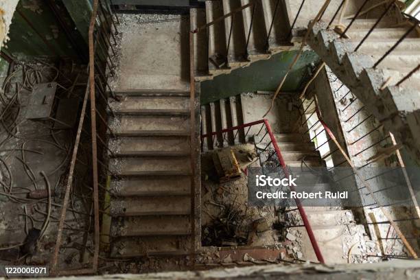 Staircase In Abandoned Military Base In Chernobyl Exclusion Zone Of Alienation Stock Photo - Download Image Now