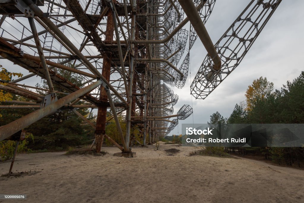 Looking up at the steel cages of the DUGA radar array in Chernobyl Exclusion Zone of Alienation Abandoned Stock Photo