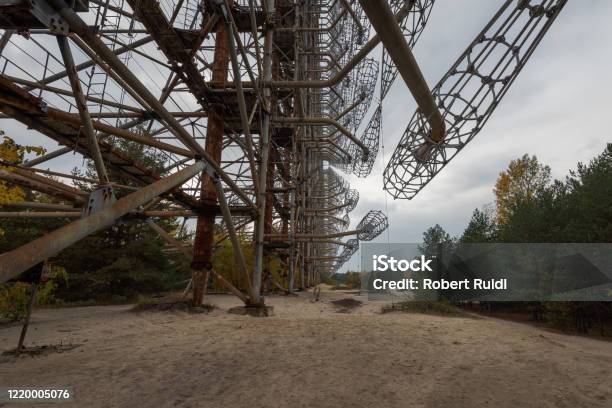 Looking Up At The Steel Cages Of The Duga Radar Array In Chernobyl Exclusion Zone Of Alienation Stock Photo - Download Image Now