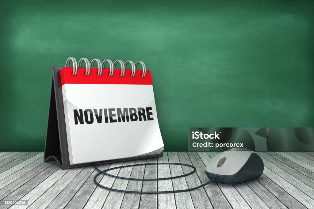 NOVIEMBRE Calendar with Computer Mouse - Spanish Word - 3D Rendering 2021 Stock Photo