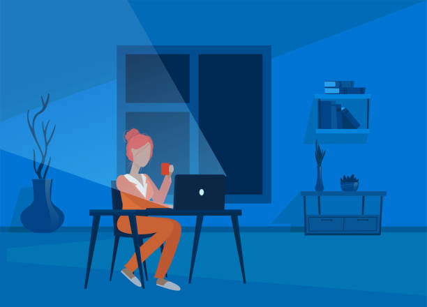 Vector of a young woman working in her apartment at night, sitting at her desk using laptop computer. Vector of a young woman working in her apartment at night, sitting at her desk using laptop computer. tired woman coffee stock illustrations