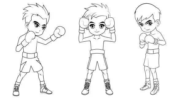 Vector illustration of Collection of cartoon boxing boy used for coloring book