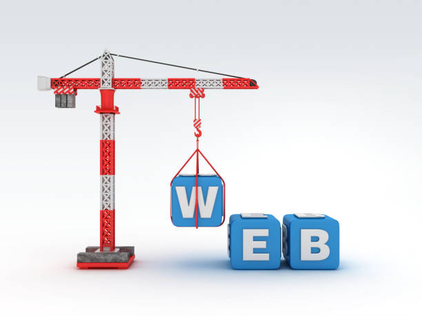 żuraw wieżowy z web word na tle tablicy - renderowanie 3d - construction site www three dimensional shape web page zdjęcia i obrazy z banku zdjęć