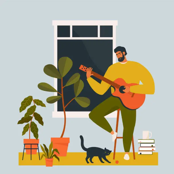 Vector illustration of A young man playing guitar at home.  Guitarist musician is sitting in quarantine alone. Flat vector illustration.