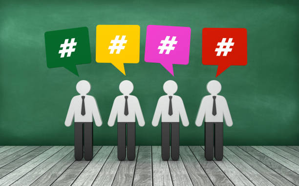istock Pictogram People with HASHTAG Bubble Speech on Chalkboard - 3D Rendering 1220010014