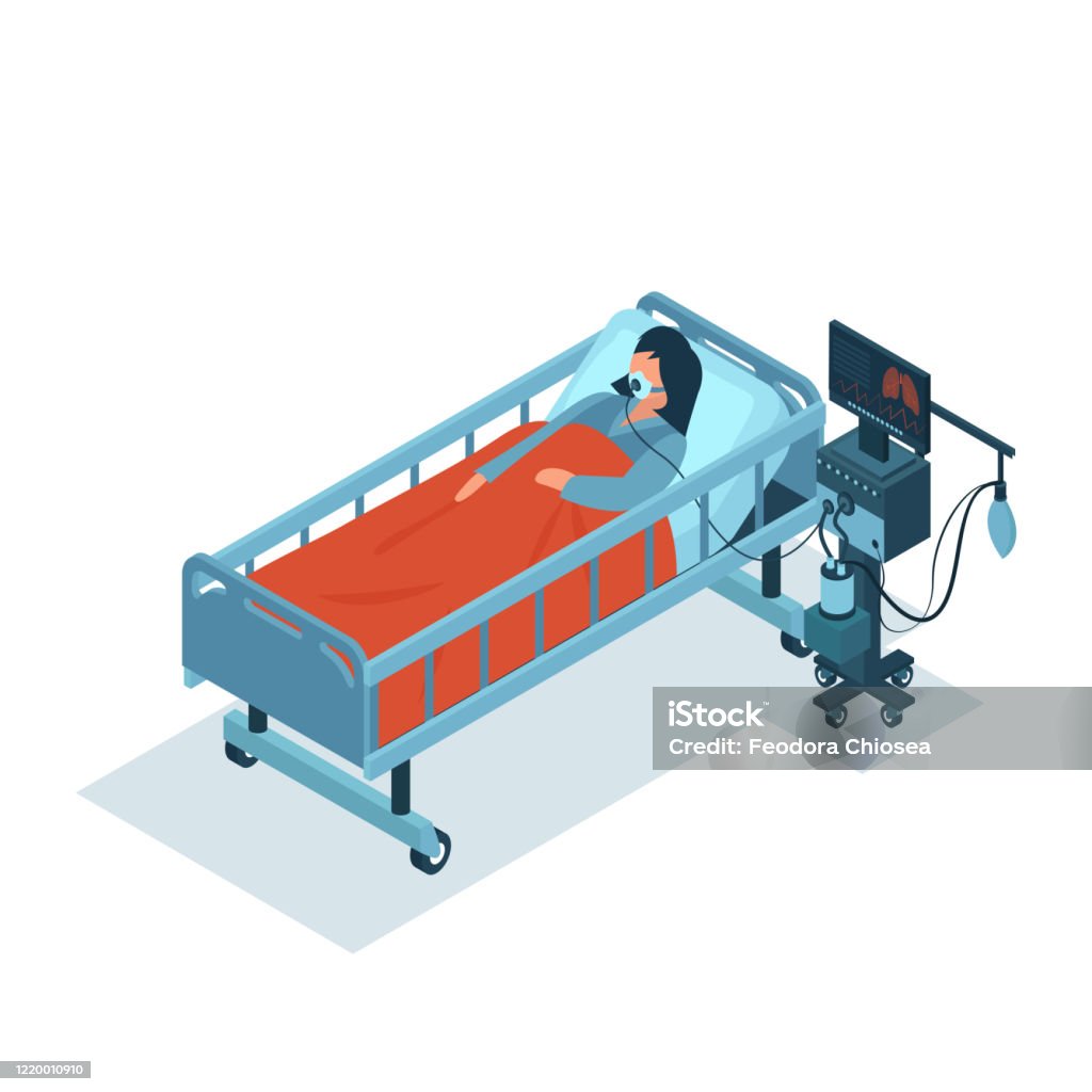 Ilustración de Vector Isométrico De Una Paciente En Estado Crítico Enfermo  En Una Máquina De Ventilación Que Recibe Oxigenoterapia y más Vectores  Libres de Derechos de Cama - iStock