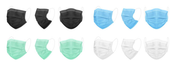 medyczna maska na twarz, niebieski, czarny, biały, zielony. zestaw izolowanych masek dla lekarza lub pielęgniarki. - bez ludzi ilustracje stock illustrations