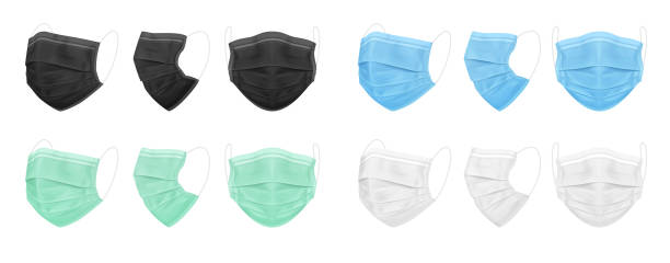 Medical face mask, blue, black, white, green. Set of isolated masks for the doctor or nurse. Medical face mask, blue, black, white, green. Set of isolated masks for the doctor or nurse. Protection against coronavirus, virus, dust, dirty air. Vector EPS 10. face mask stock illustrations