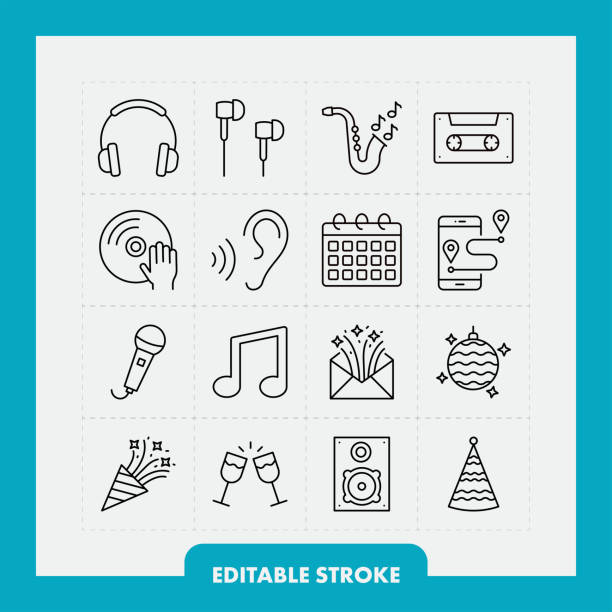 zestaw ikon linii muzycznych i imprezowych. edytowalny obrys - image date audio stock illustrations