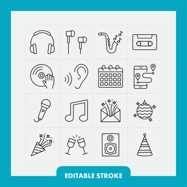 Vector illustration of Music and party line icon set. Editable Stroke