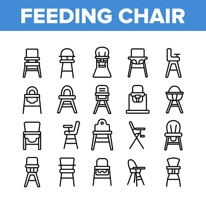 Feeding Baby Chair Collection Icons Set Vector. Childhood Dinner Chair, Furniture Stool With Table For Feed Toddler Child Concept Linear Pictograms. Monochrome Contour Illustrations