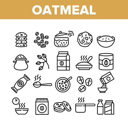 Oatmeal Healthy Food Collection Icons Set Vector. Oat Cookies And Porridge Cereal Breakfast, Oatmeal And Agriculture Organic Crop Products Concept Linear Pictograms. Monochrome Contour Illustrations